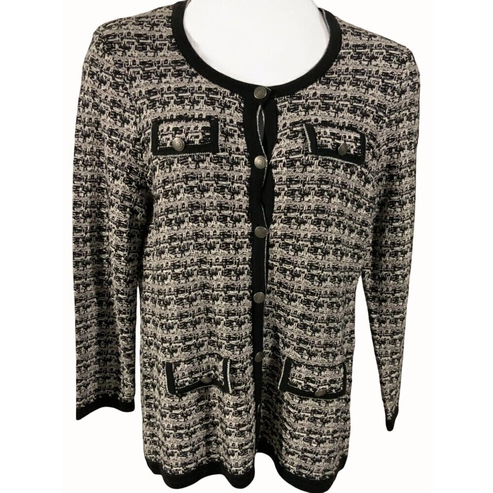 Preston & York Textured Cardigan Sweater Faux Pockets Black White Metallic NEW L